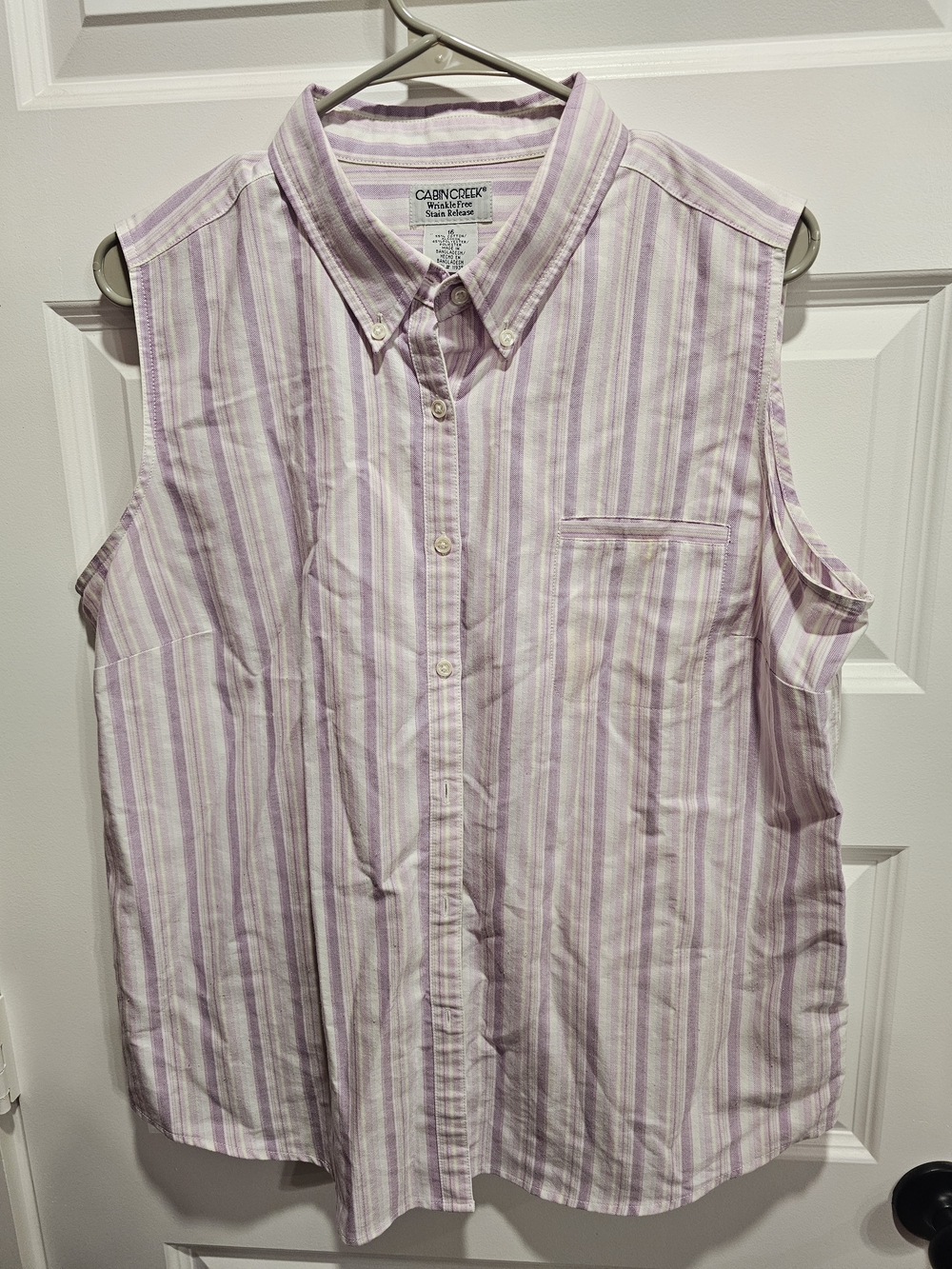 Cabin Creek Sleeveless Button-Down Shirt in Lavender and White Stripes
